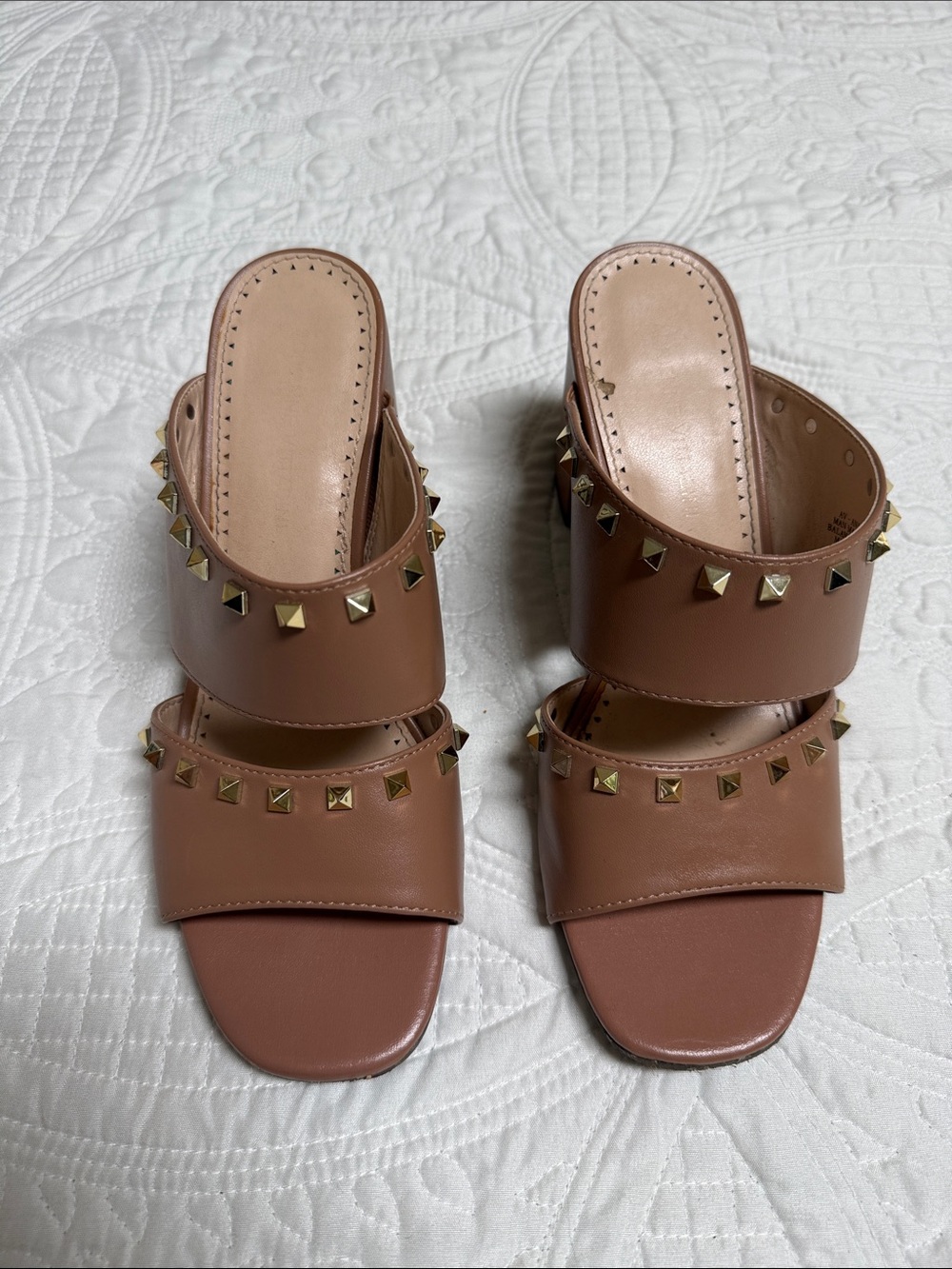 Adrienne Vittadini Tan Brown Studded Double-Band Slide Mules